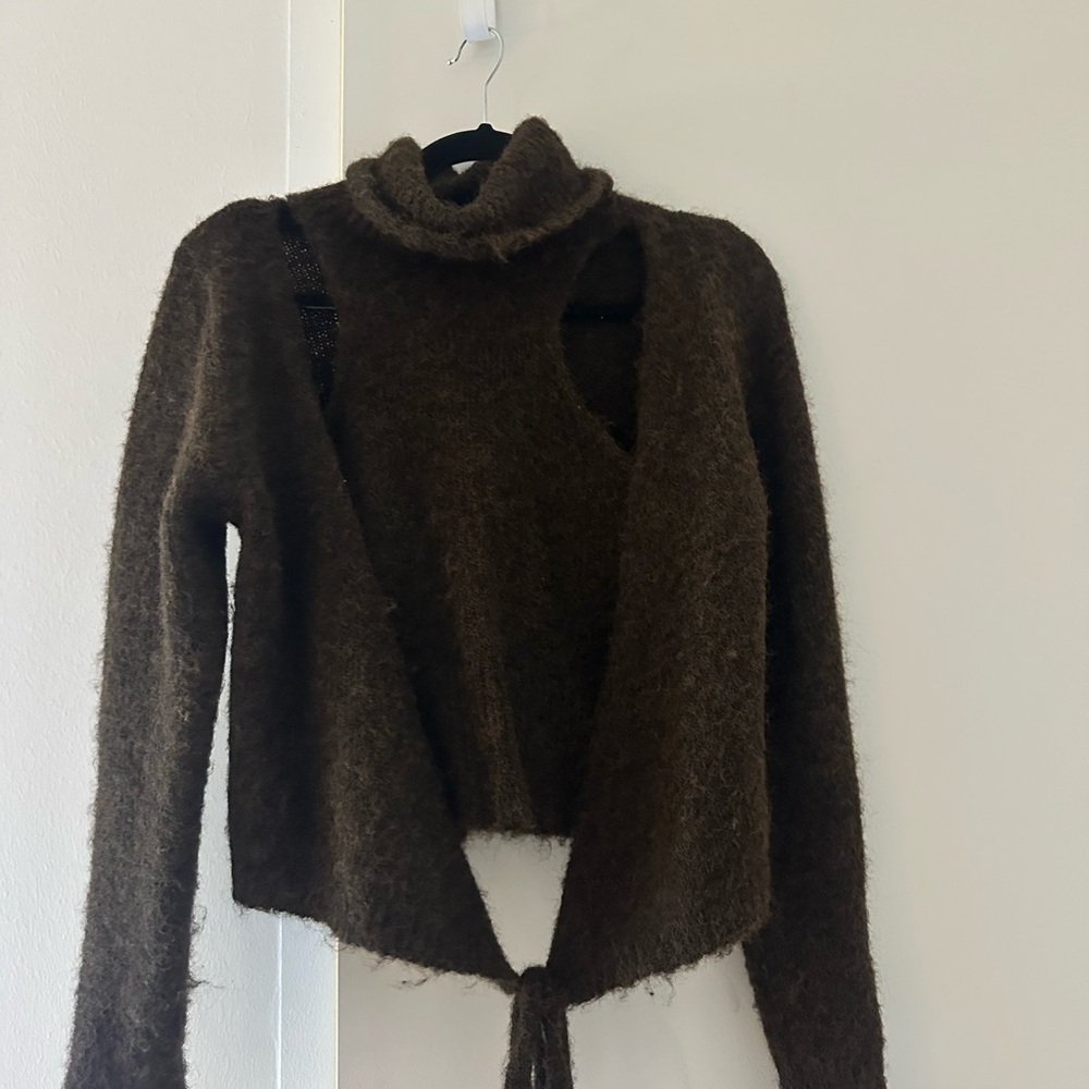 Astr Brown Fuzzy Cutout Turtleneck Tie-Front Sweater